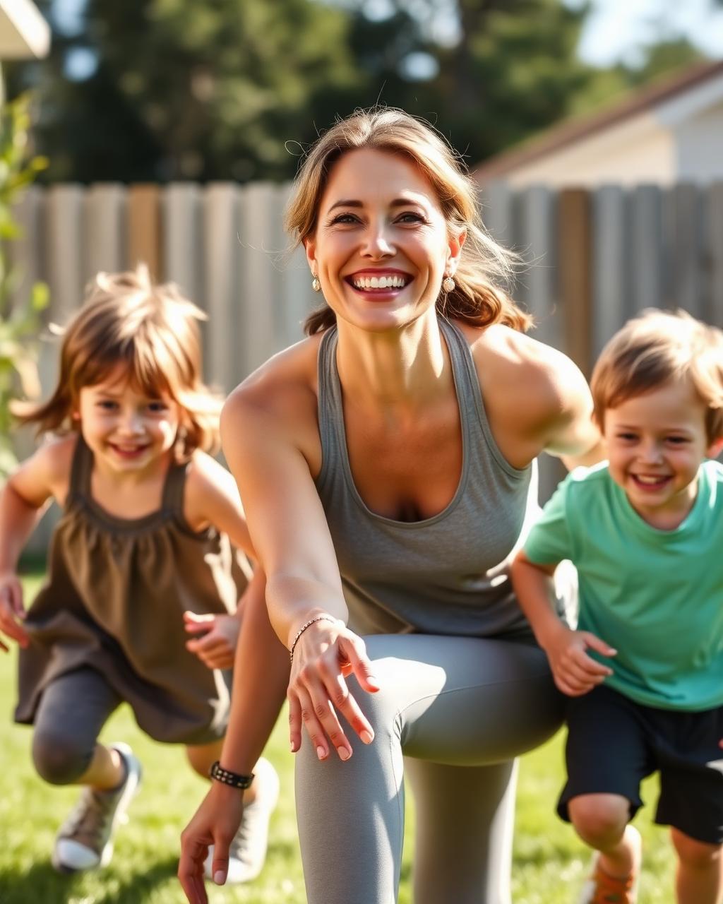 Same woman smiling and playing with her kids in the backyard