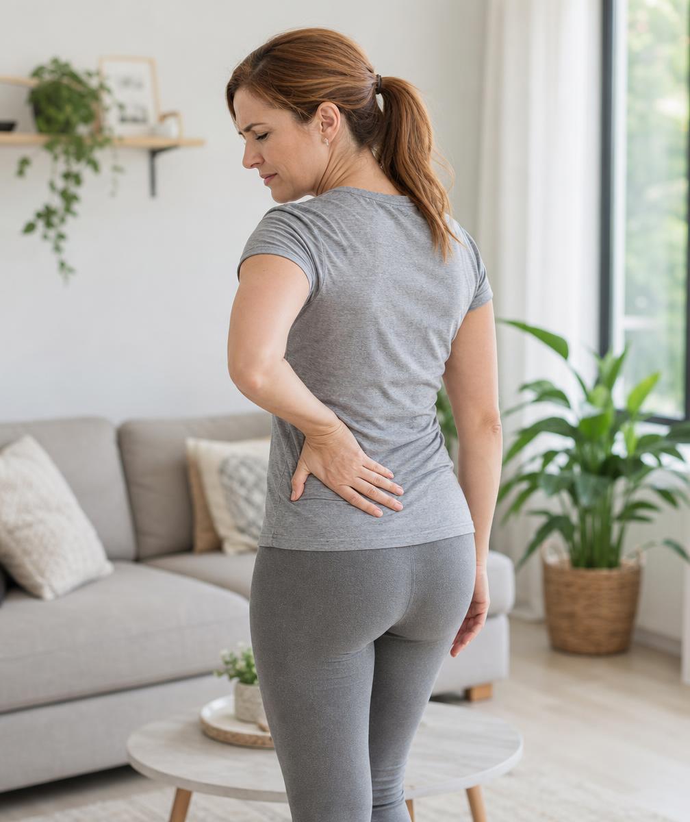 Woman in her 40s holding her lower back with discomfort at home