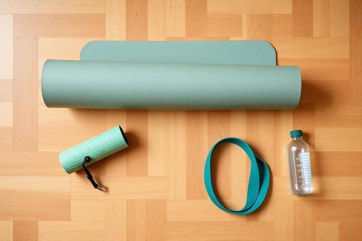 Yoga mat, foam roller and resistance band on a wood floor